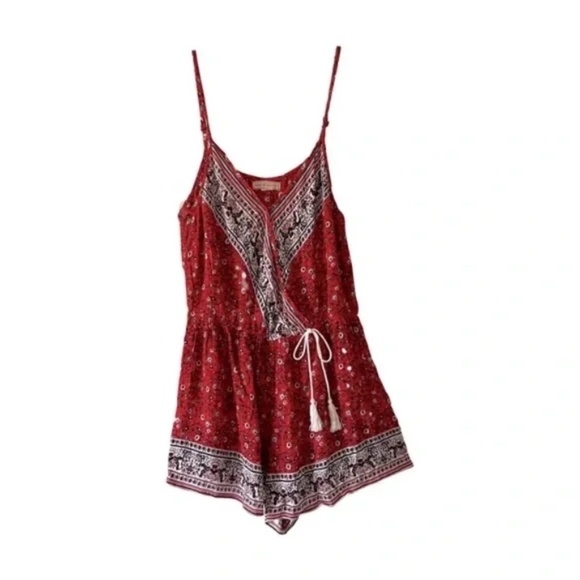 Band of Gypsies | Red Boho Mixed Floral V-Neck Tassel Romper, Medium - Picture 1 of 5